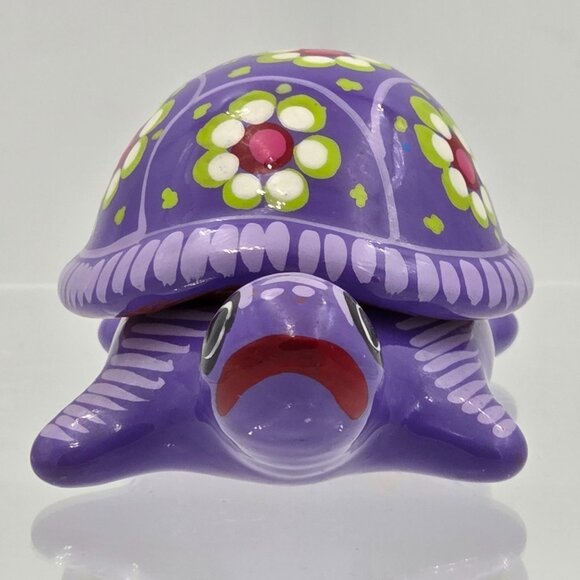 Mexican Folk Art Purple Turtle Terra Cotta Trinket Box with Removable Lid - Picture 2 of 9
